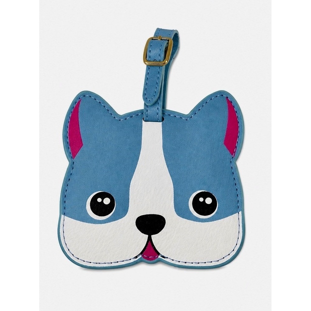 Blue French Bulldog Luggage Tag Faux Leather Puppy Dog Face Travel Bag ID Blue
